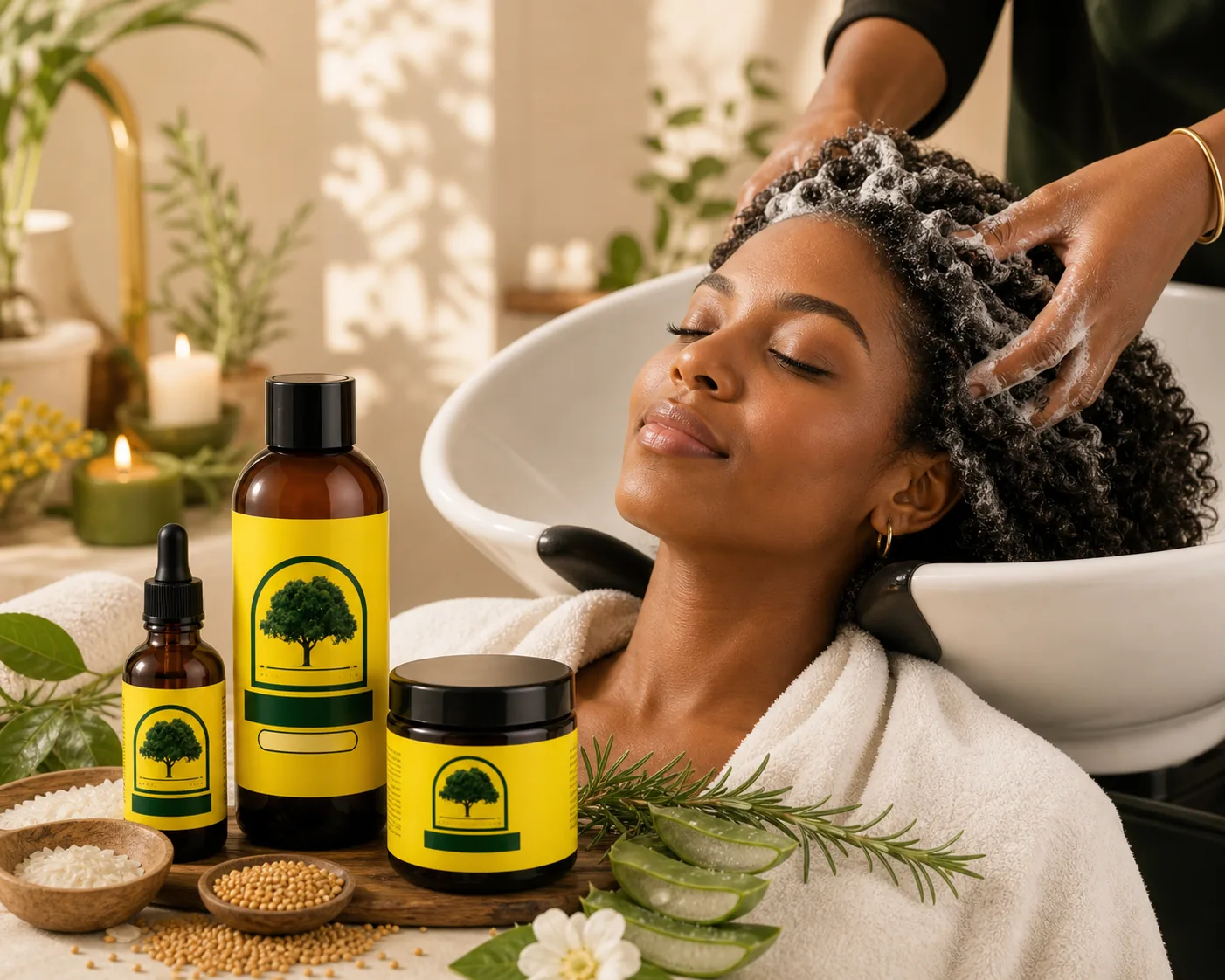 Little Faith Big Results hair-care products beside a salon hair wash